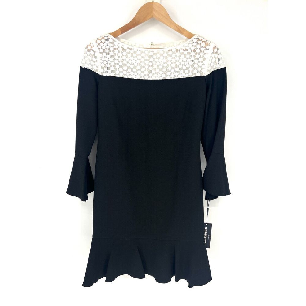 KARL LAGERFELD Dress Womens Size 6 3/4 Sleeve Black White‎ Lace Flounce NWT